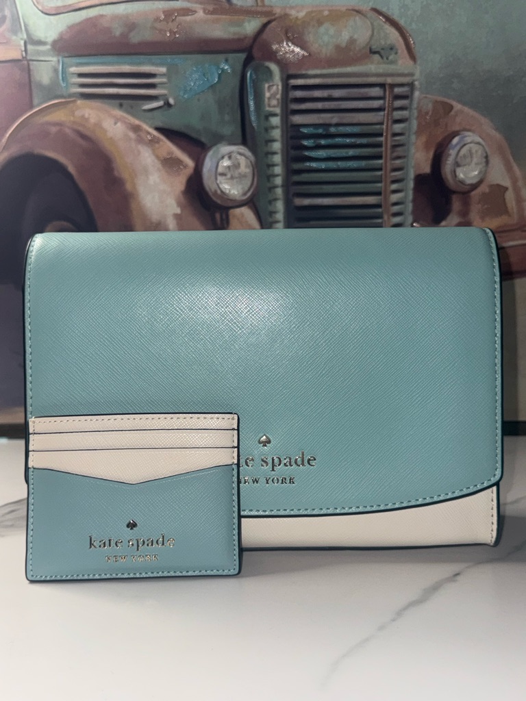 Kate Spade Teal Blue, White, And Navy Two-Way Bag & Cardholder Rsrp $388